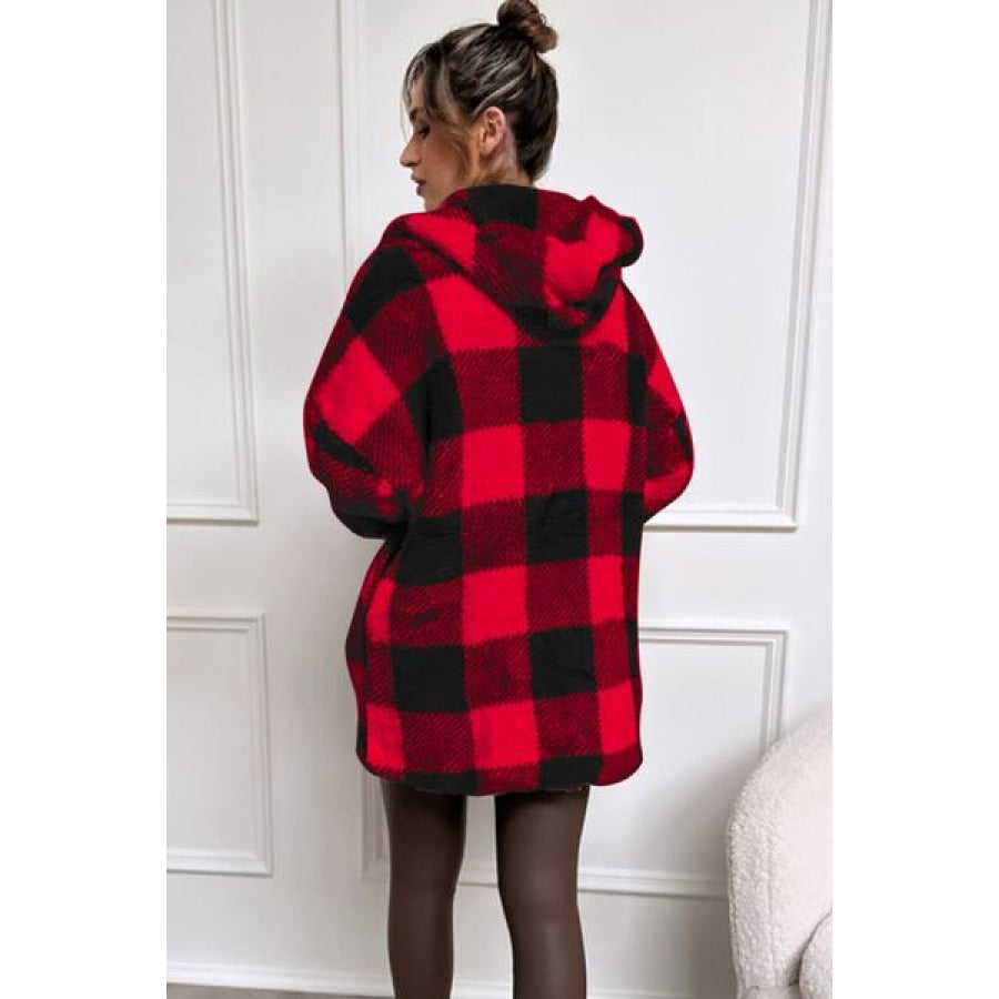 Double Take Full Size Plaid Long Sleeve Hooded Coat Clothing