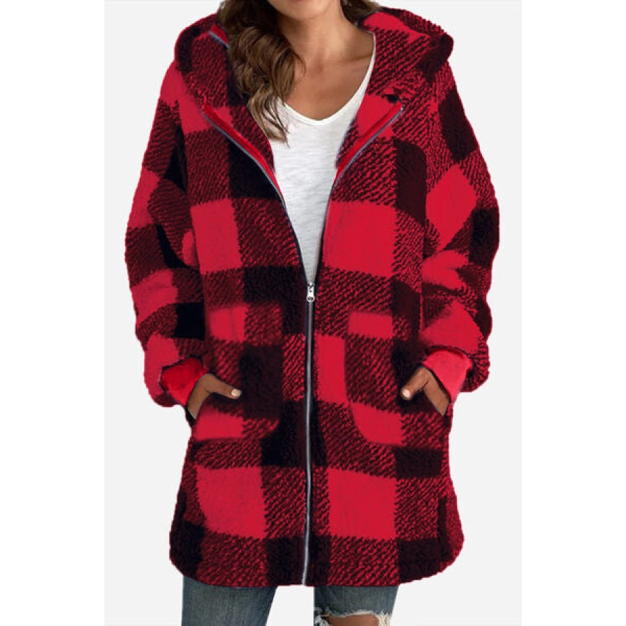 Double Take Full Size Plaid Long Sleeve Hooded Coat Red / S Clothing