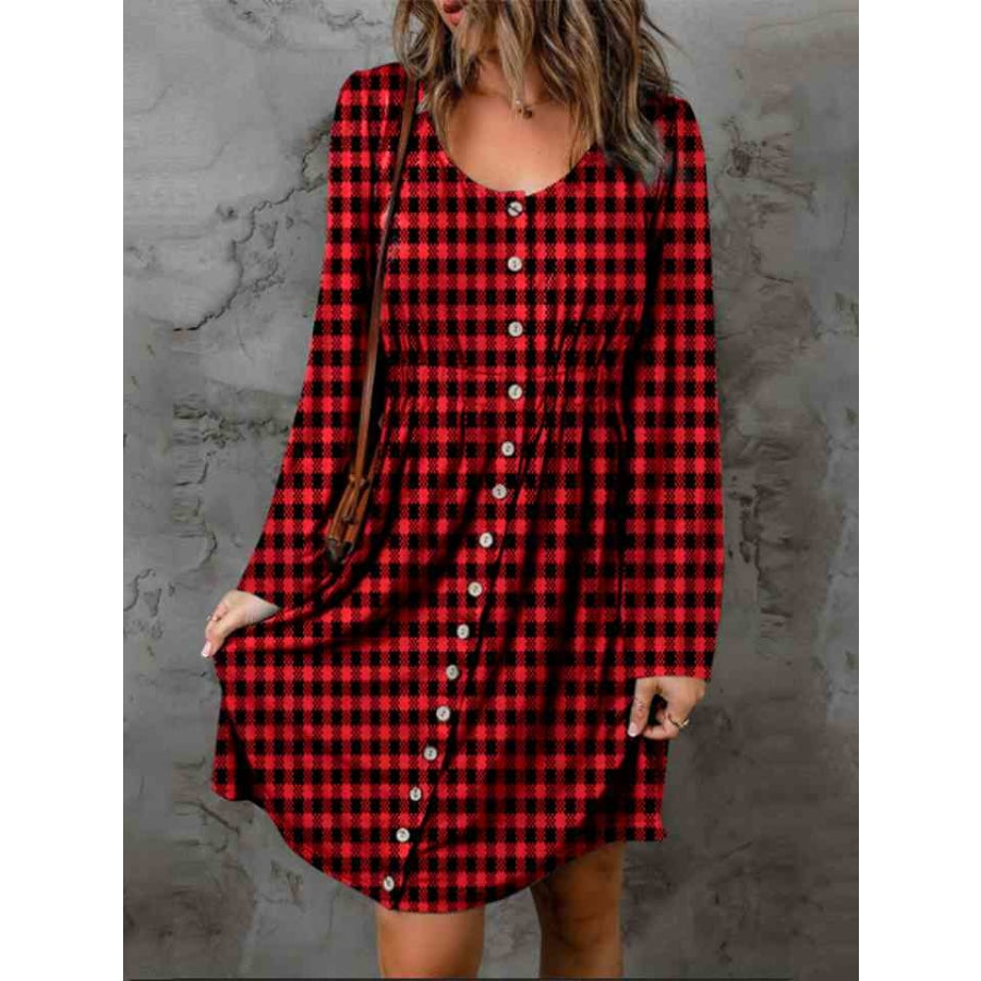 Double Take Full Size Plaid Round Neck Long Sleeve Magic Dress Deep Red / S Dress