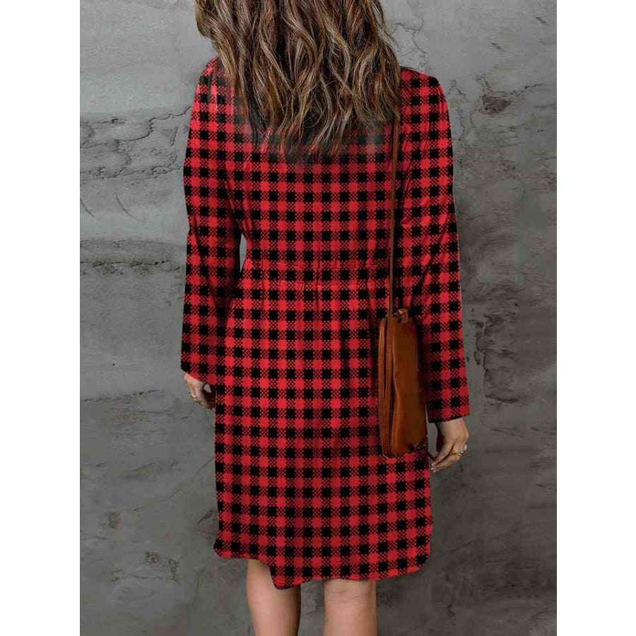 Double Take Full Size Plaid Round Neck Long Sleeve Magic Dress Dress