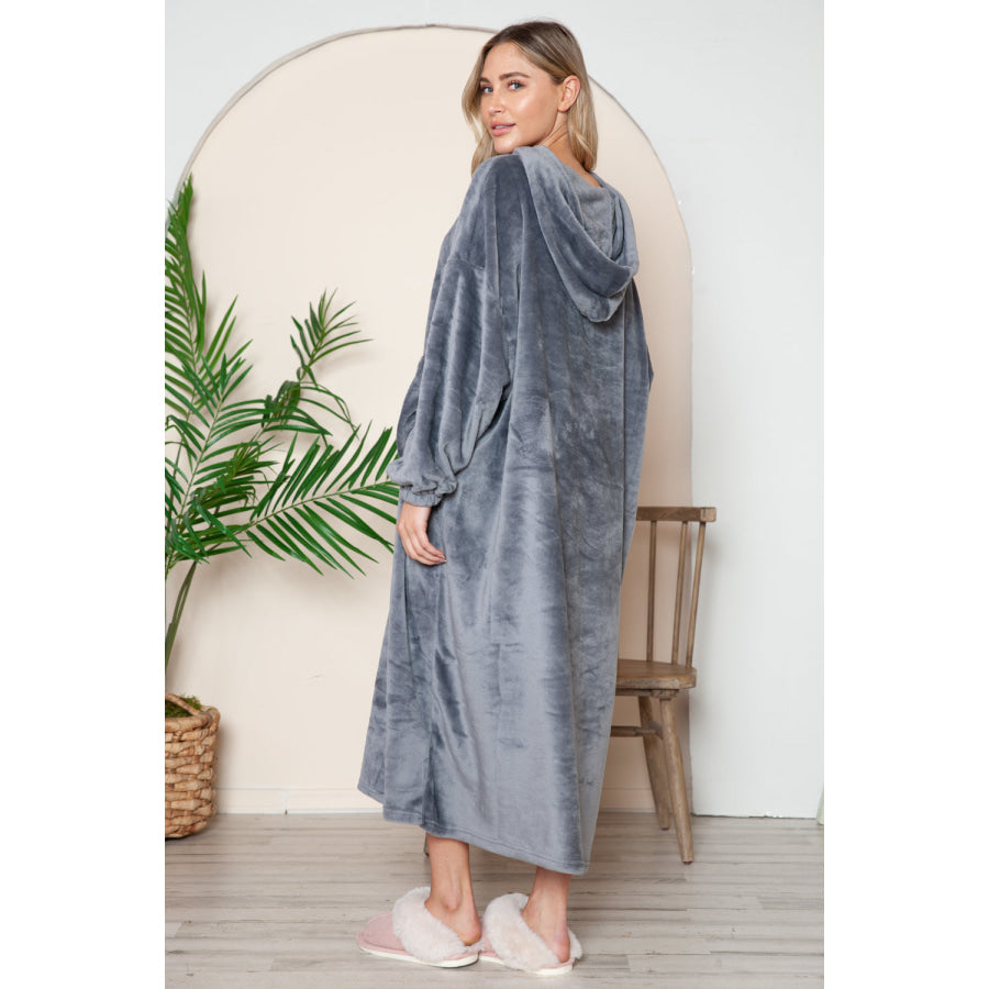 Double Take Full Size Pocketed Hooded Midi Lounge Dress Apparel and Accessories