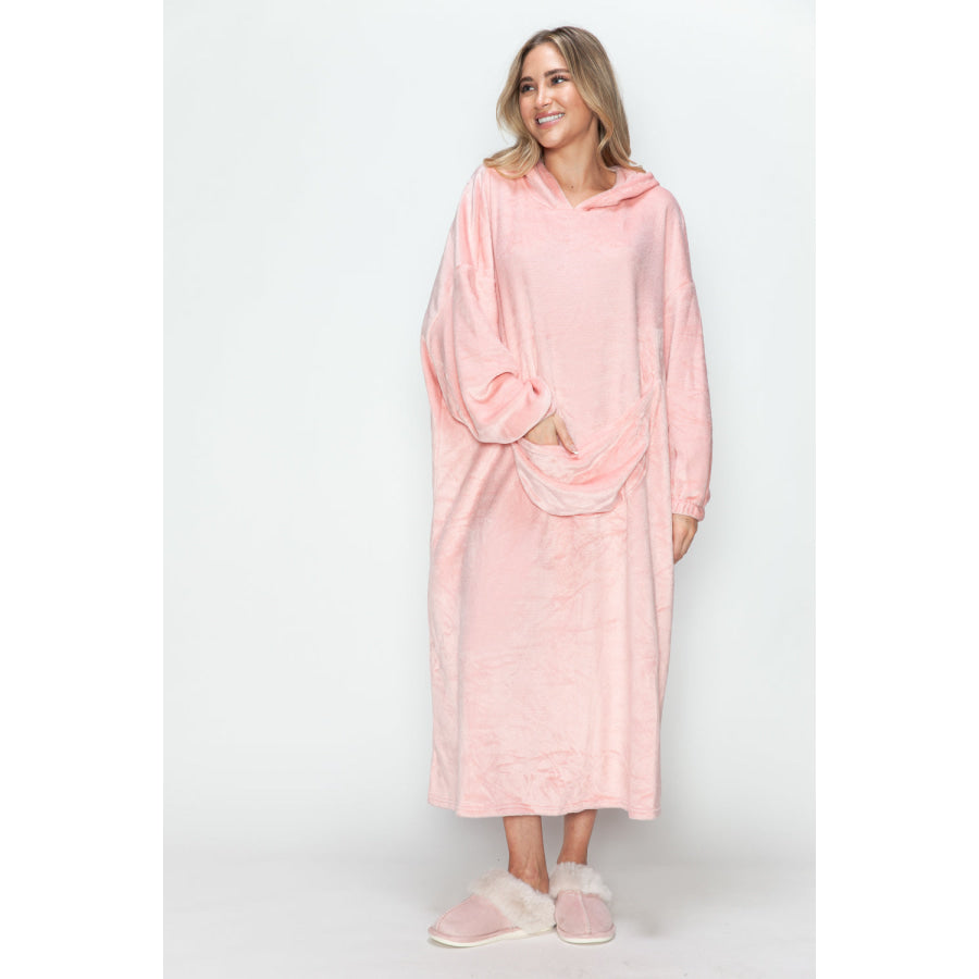 Double Take Full Size Pocketed Hooded Midi Lounge Dress Apparel and Accessories