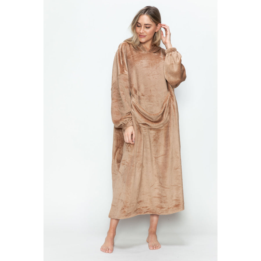 Double Take Full Size Pocketed Hooded Midi Lounge Dress Apparel and Accessories