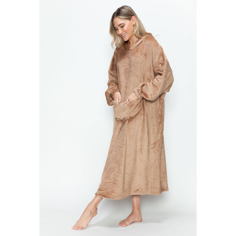 Double Take Full Size Pocketed Hooded Midi Lounge Dress Apparel and Accessories