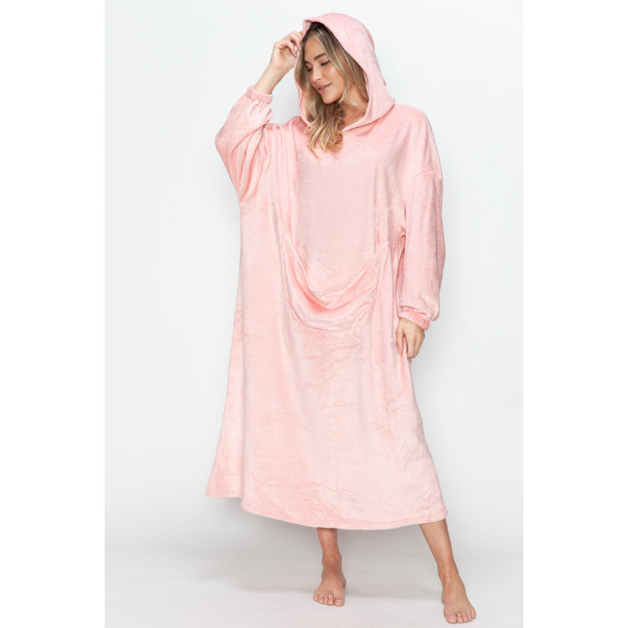 Double Take Full Size Pocketed Hooded Midi Lounge Dress Apparel and Accessories