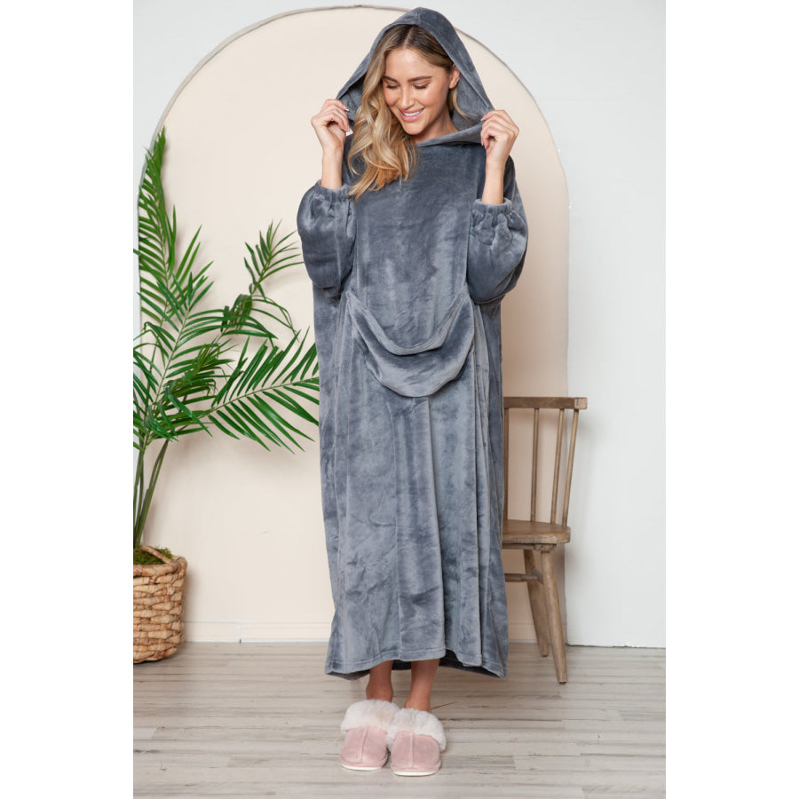 Double Take Full Size Pocketed Hooded Midi Lounge Dress Apparel and Accessories