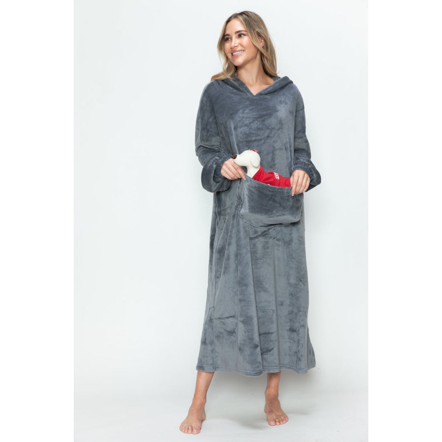 Double Take Full Size Pocketed Hooded Midi Lounge Dress Dark Gray / S/M Apparel and Accessories