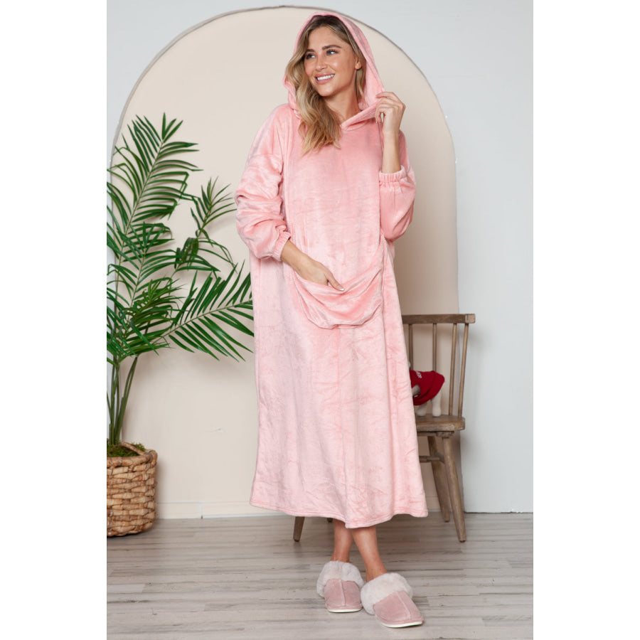 Double Take Full Size Pocketed Hooded Midi Lounge Dress Dusty Pink / S/M Apparel and Accessories