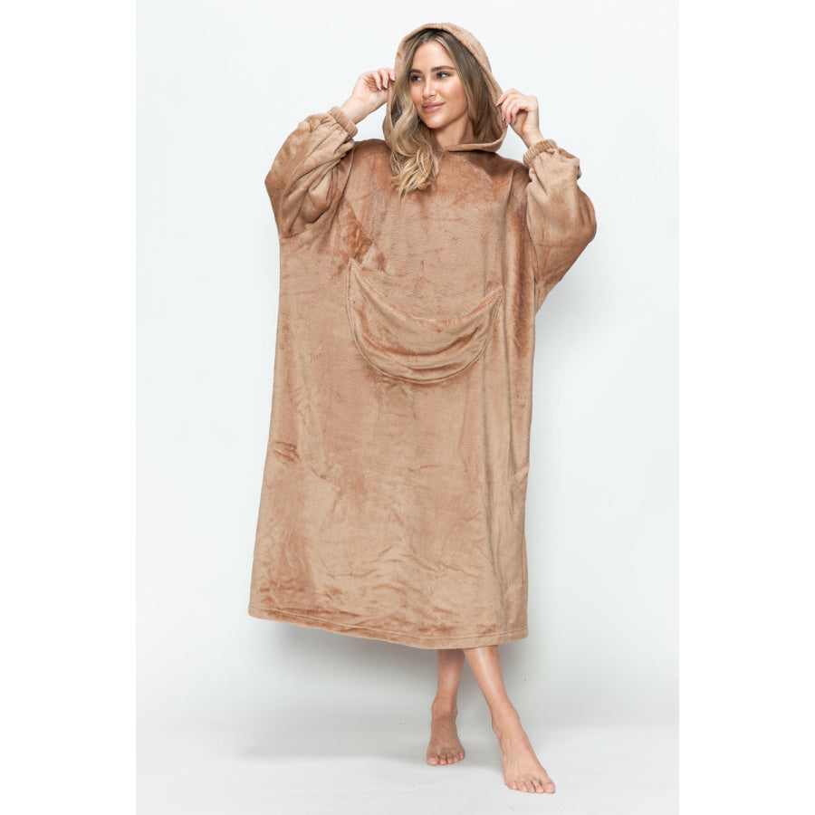 Double Take Full Size Pocketed Hooded Midi Lounge Dress Mocha / S/M Apparel and Accessories