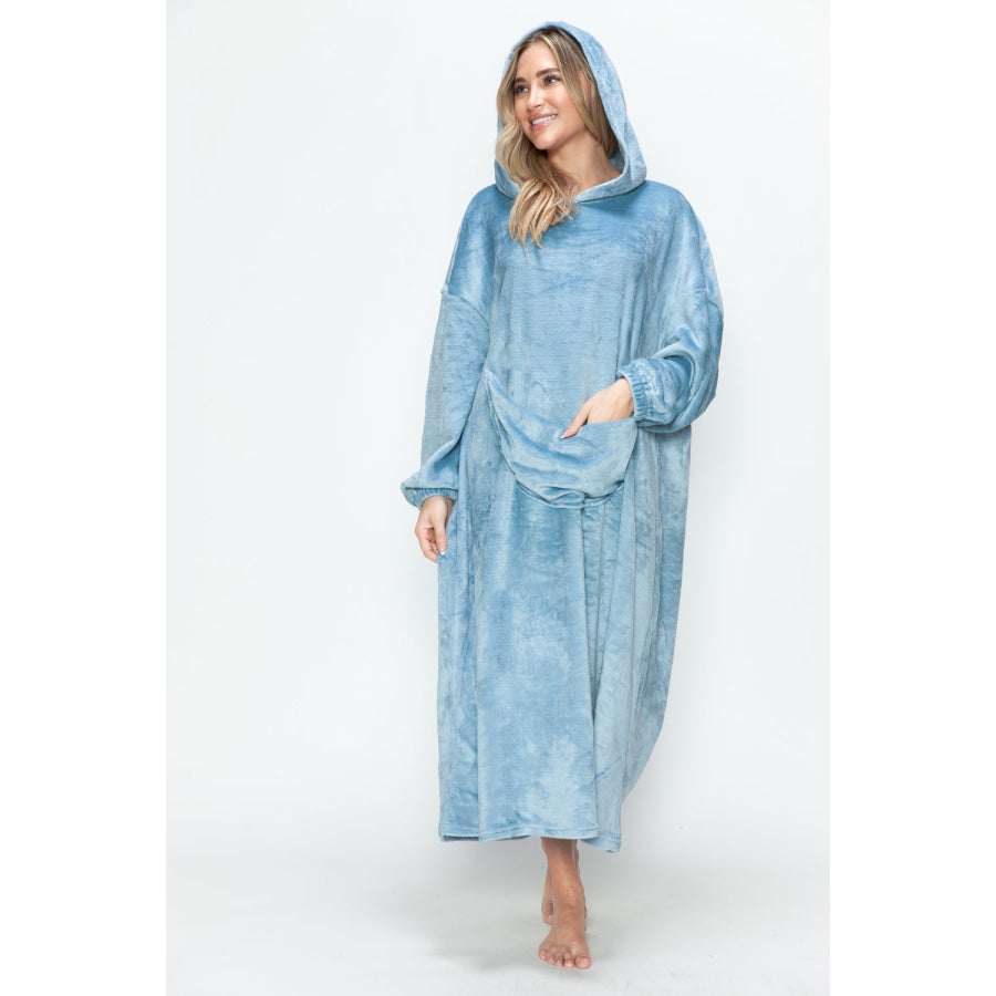 Double Take Full Size Pocketed Hooded Midi Lounge Dress Pastel Blue / S/M Apparel and Accessories