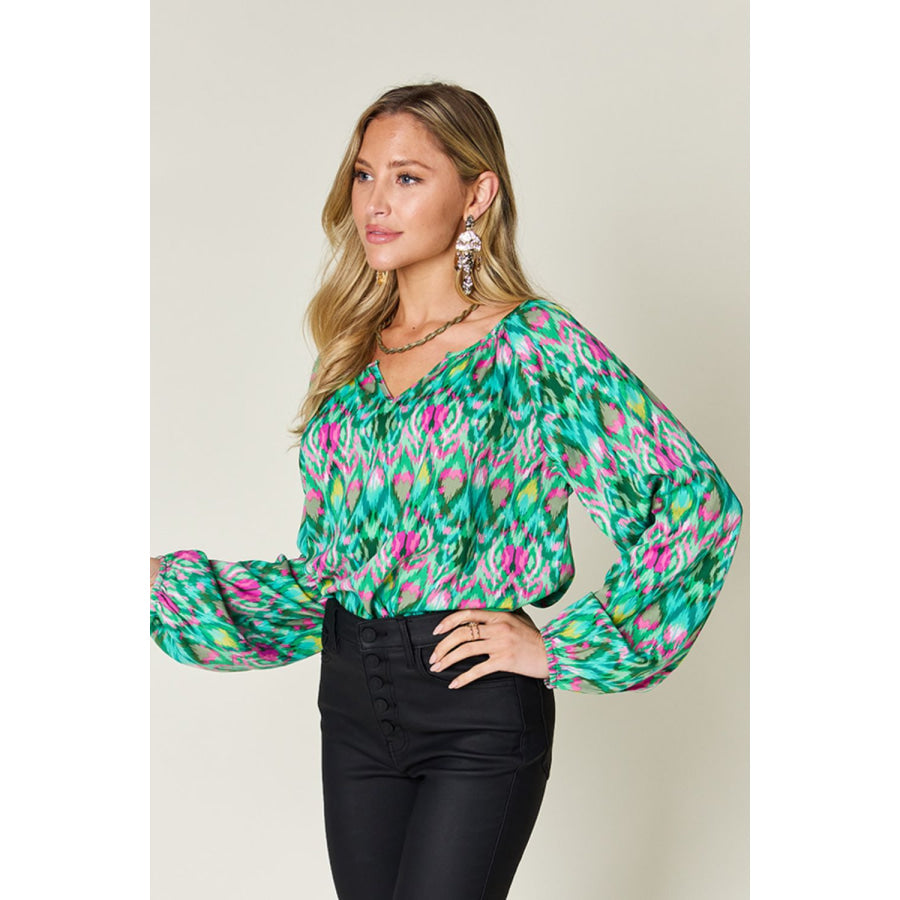 Double Take Full Size Printed Balloon Sleeve Blouse Apparel and Accessories