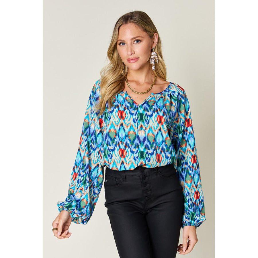 Double Take Full Size Printed Balloon Sleeve Blouse Apparel and Accessories