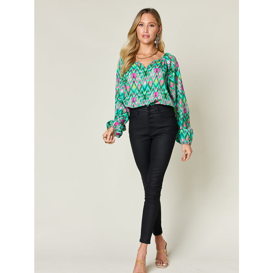 Double Take Full Size Printed Balloon Sleeve Blouse Apparel and Accessories