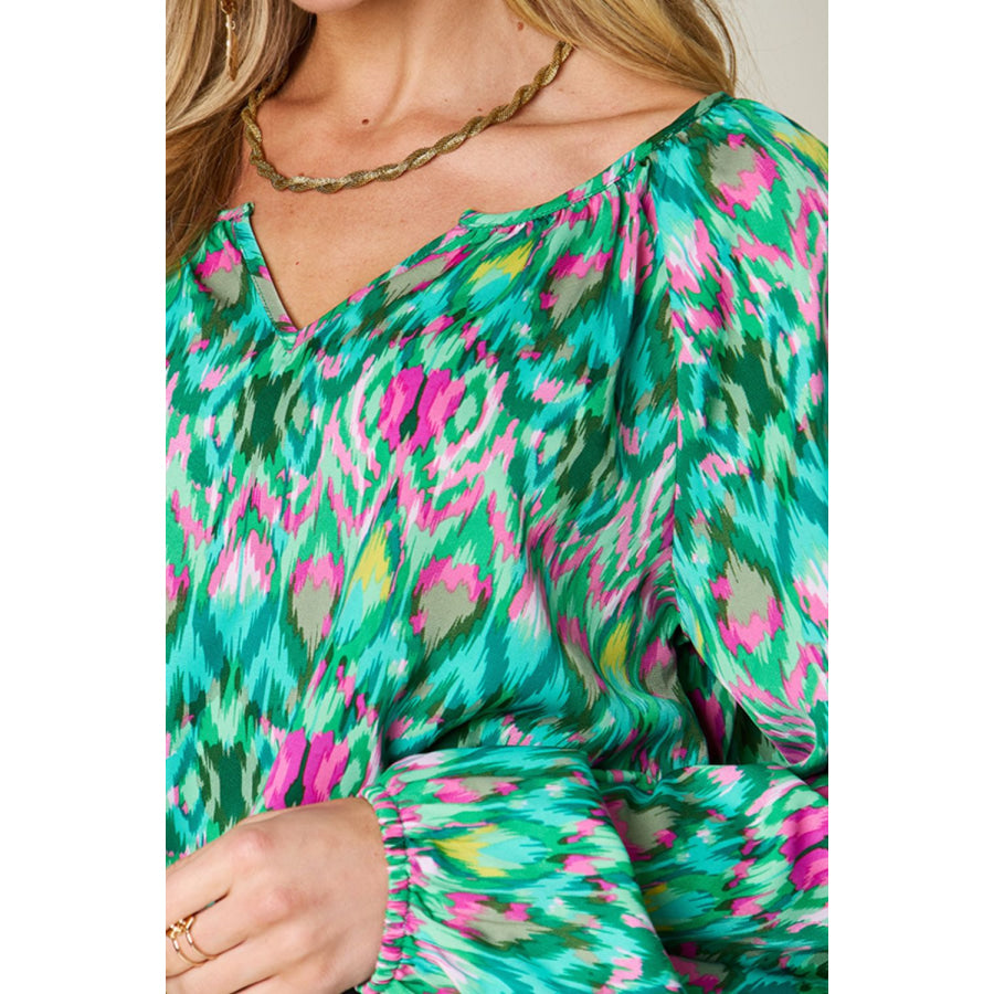 Double Take Full Size Printed Balloon Sleeve Blouse Apparel and Accessories