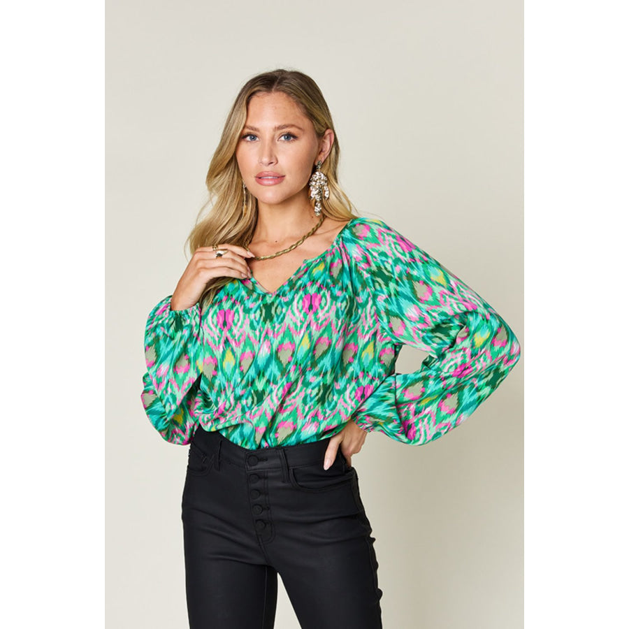 Double Take Full Size Printed Balloon Sleeve Blouse Green / S Apparel and Accessories