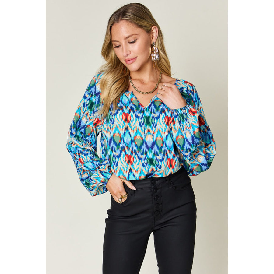 Double Take Full Size Printed Balloon Sleeve Blouse Sky Blue / S Apparel and Accessories