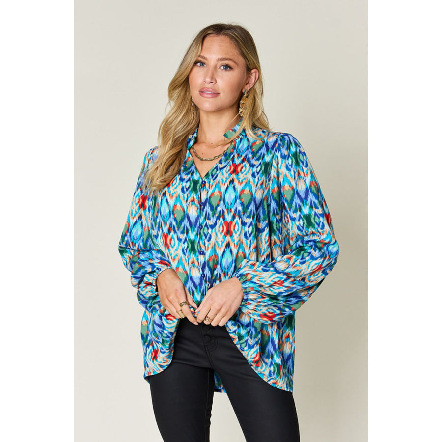 Double Take Full Size Printed Balloon Sleeve Blouse Sky Blue / S Apparel and Accessories