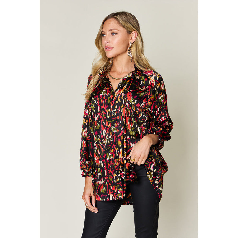 Double Take Full Size Printed Button Up Long Sleeve Shirt Black / S Apparel and Accessories