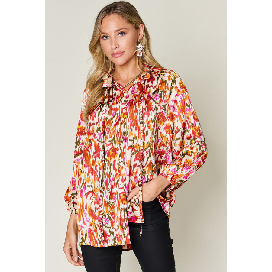 Double Take Full Size Printed Button Up Long Sleeve Shirt Tangerine / S Apparel and Accessories