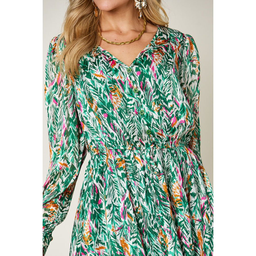 Double Take Full Size Printed Drawstring Waist Long Sleeve Dress Apparel and Accessories