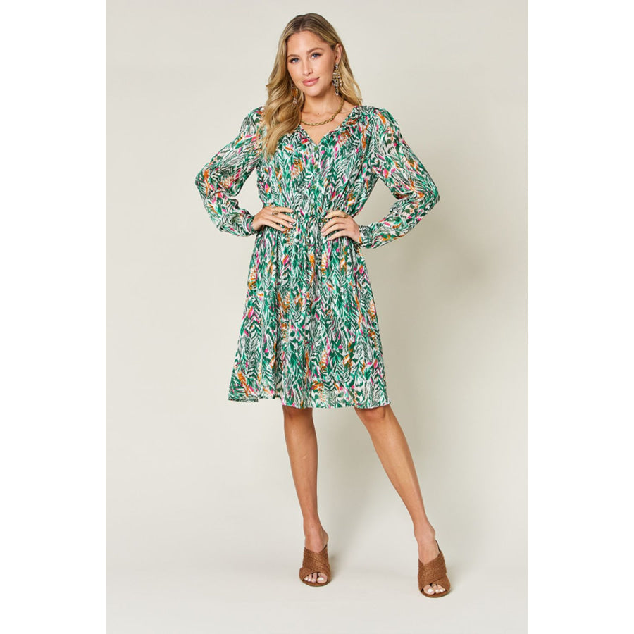 Double Take Full Size Printed Drawstring Waist Long Sleeve Dress Apparel and Accessories