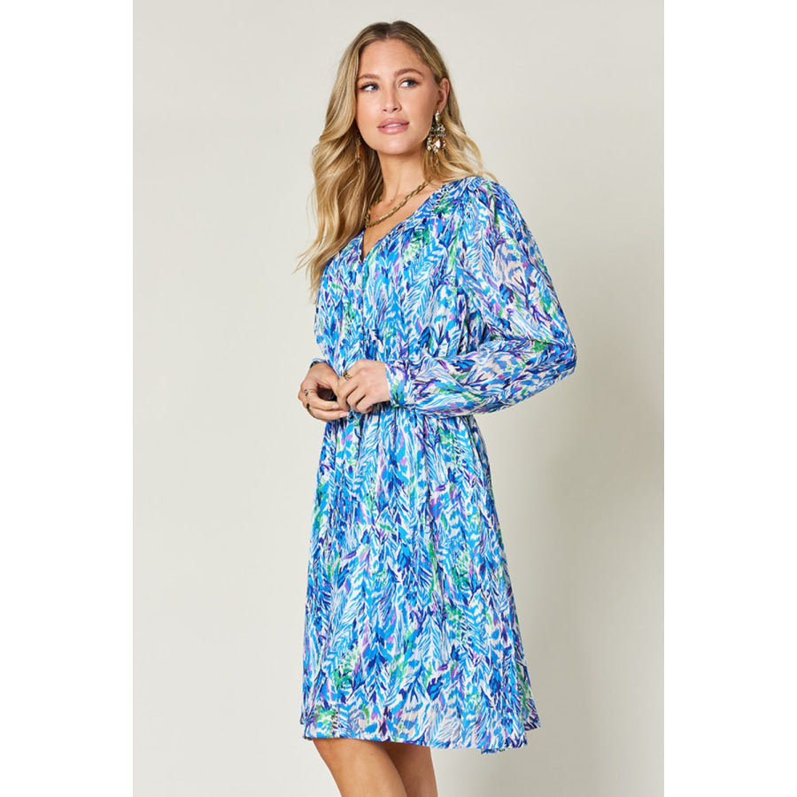 Double Take Full Size Printed Drawstring Waist Long Sleeve Dress Apparel and Accessories