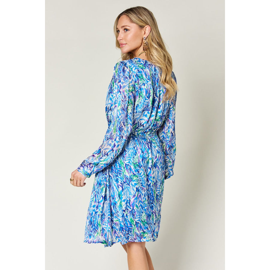 Double Take Full Size Printed Drawstring Waist Long Sleeve Dress Apparel and Accessories