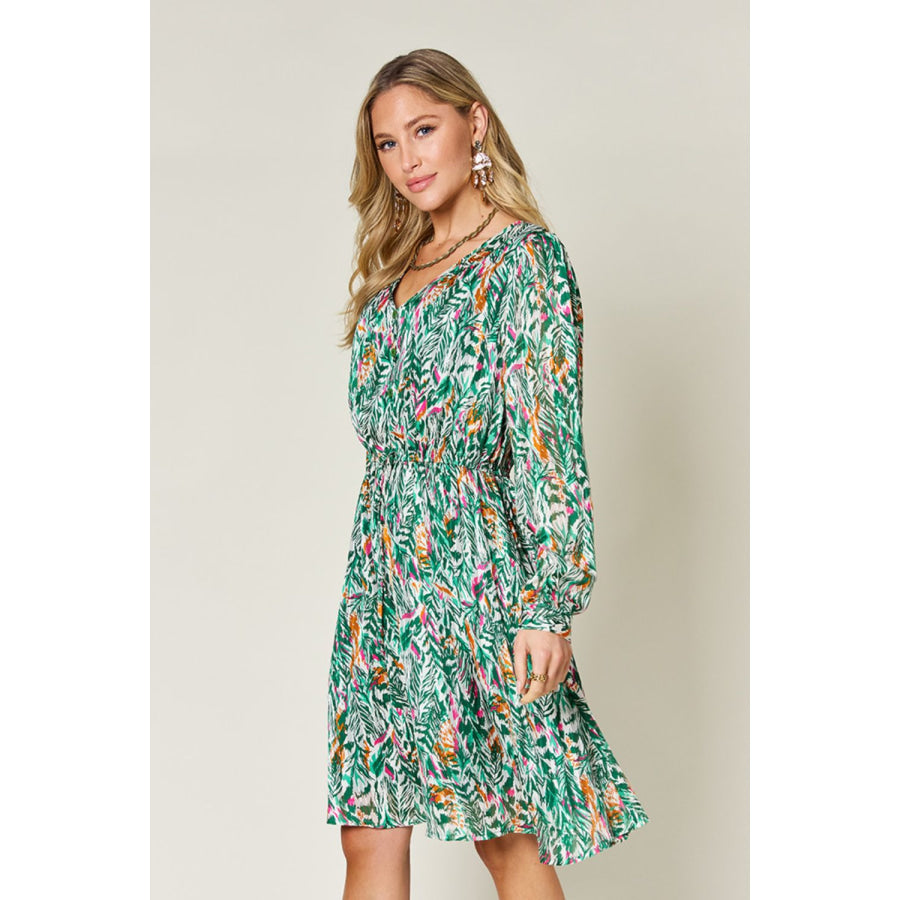 Double Take Full Size Printed Drawstring Waist Long Sleeve Dress Apparel and Accessories