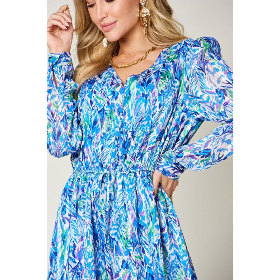 Double Take Full Size Printed Drawstring Waist Long Sleeve Dress Apparel and Accessories