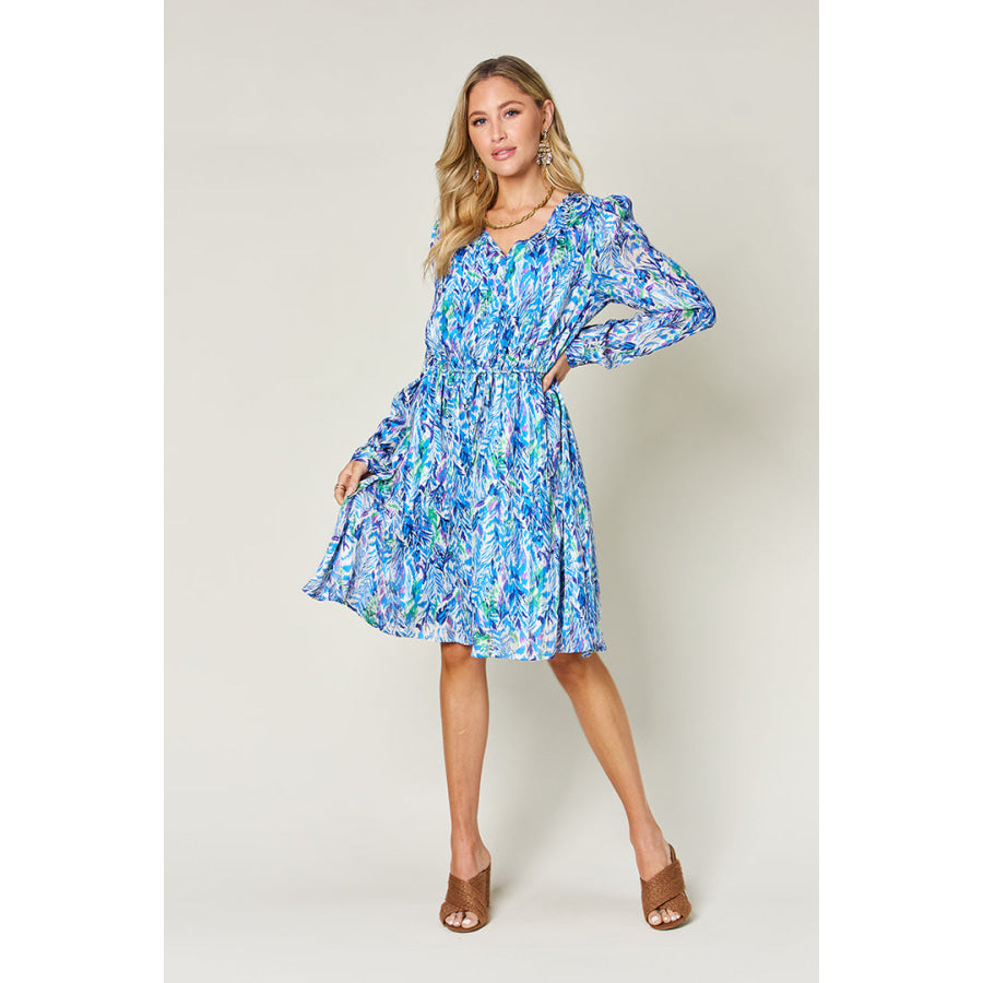 Double Take Full Size Printed Drawstring Waist Long Sleeve Dress Apparel and Accessories