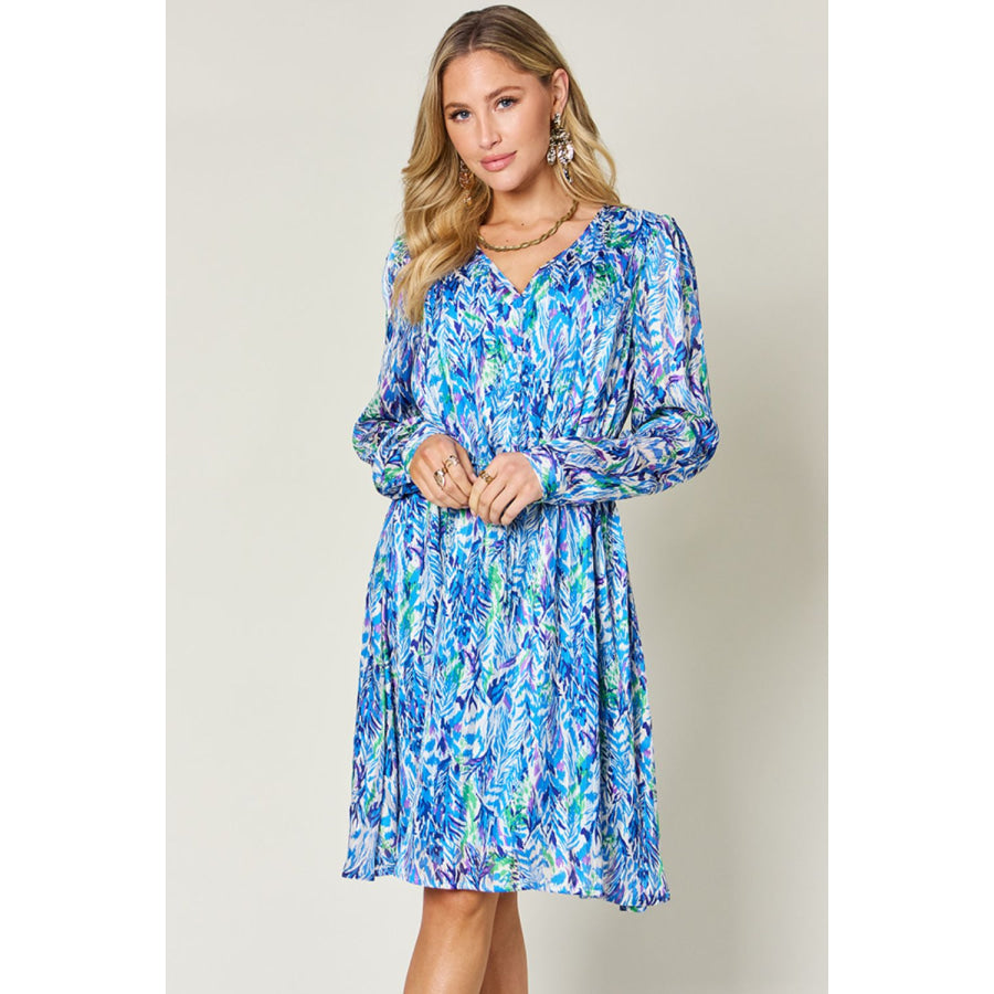 Double Take Full Size Printed Drawstring Waist Long Sleeve Dress Blue / S Apparel and Accessories