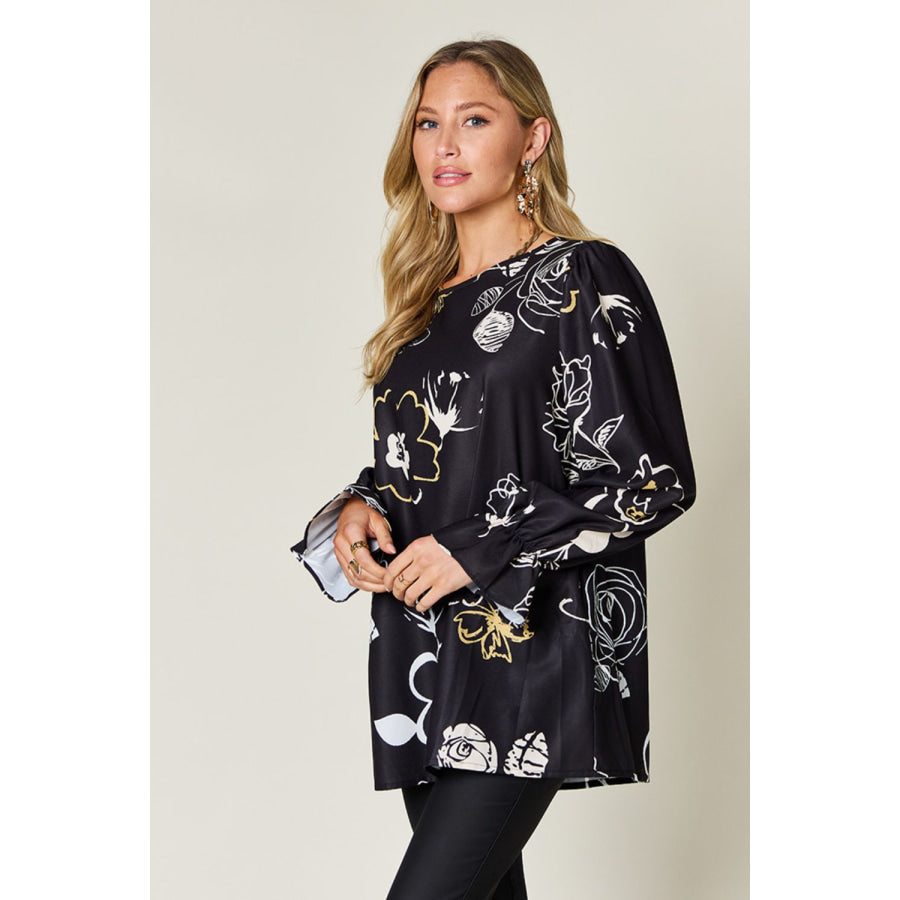 Double Take Full Size Printed Flounce Sleeve Blouse Black / S Apparel and Accessories