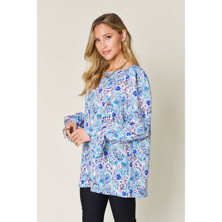 Double Take Full Size Printed Flounce Sleeve Blouse Sky Blue / S Apparel and Accessories