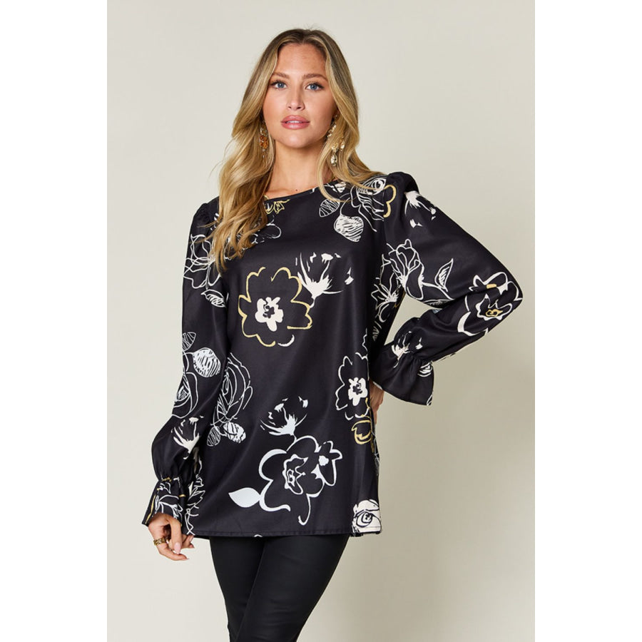 Double Take Full Size Printed Flounce Sleeve Blouse Black / S Apparel and Accessories