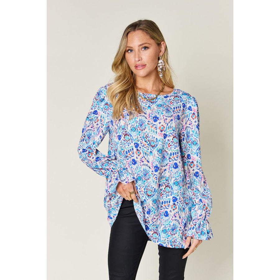 Double Take Full Size Printed Flounce Sleeve Blouse Sky Blue / S Apparel and Accessories