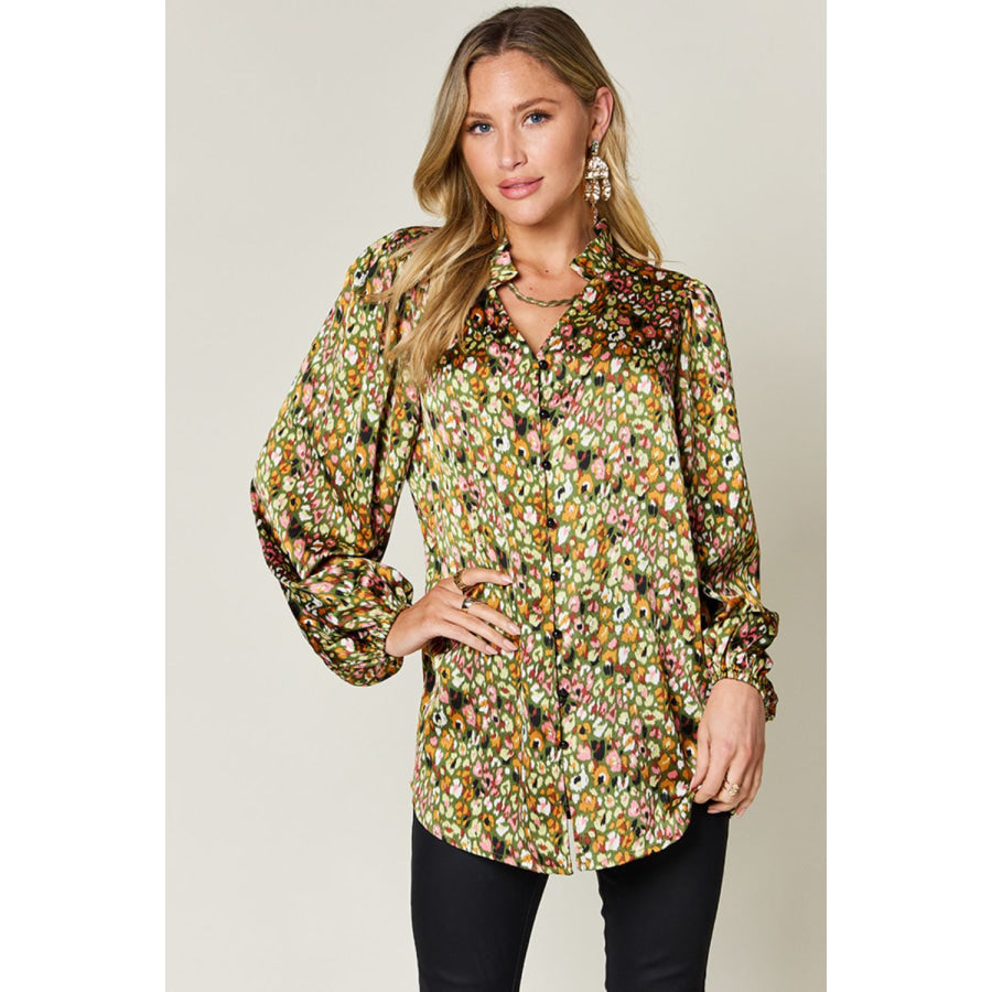 Double Take Full Size Printed Long Sleeve Blouse Matcha Green / S Apparel and Accessories