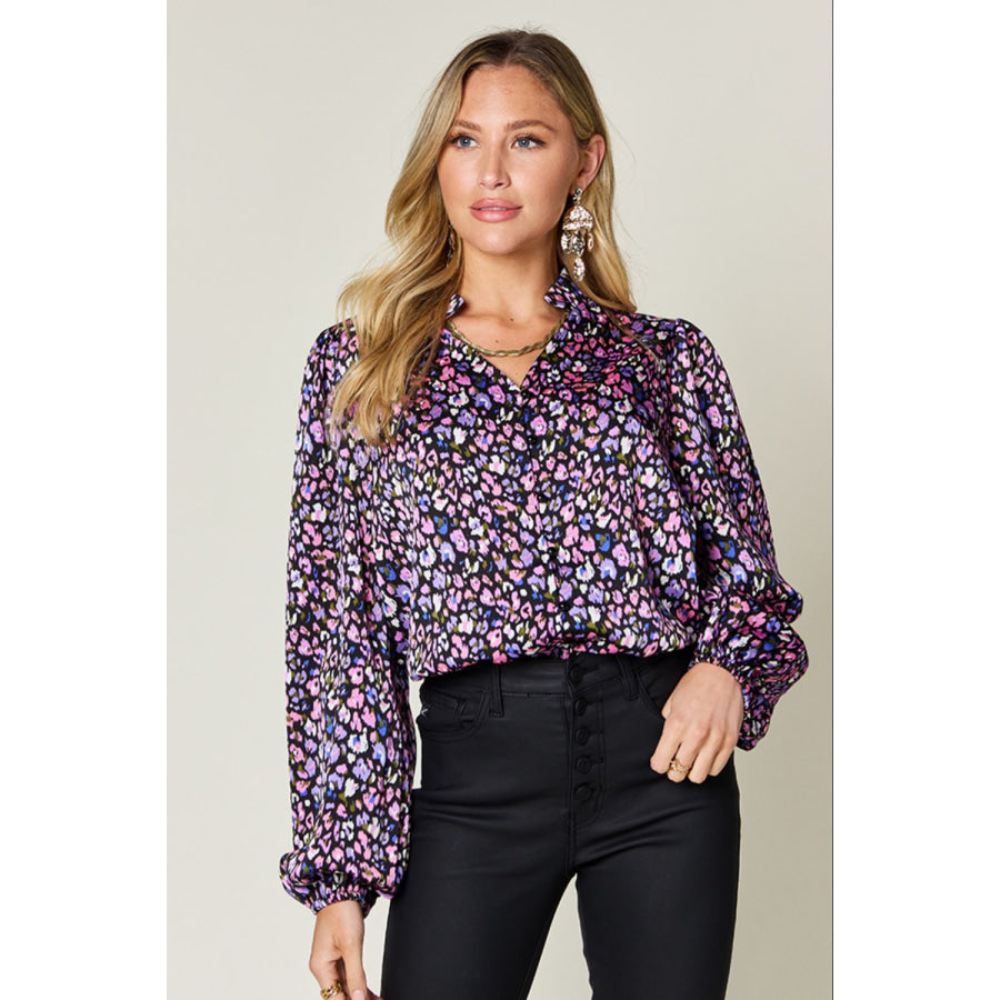 Double Take Full Size Printed Long Sleeve Blouse Purple / S Apparel and Accessories