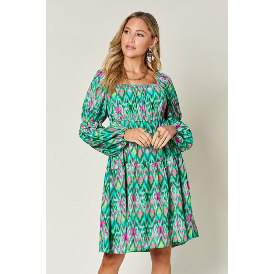 Double Take Full Size Printed Long Sleeve Dress Green / S Apparel and Accessories