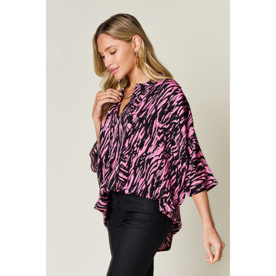 Double Take Full Size Printed Notched Three-Quarter Sleeve Blouse Pink / S Apparel and Accessories