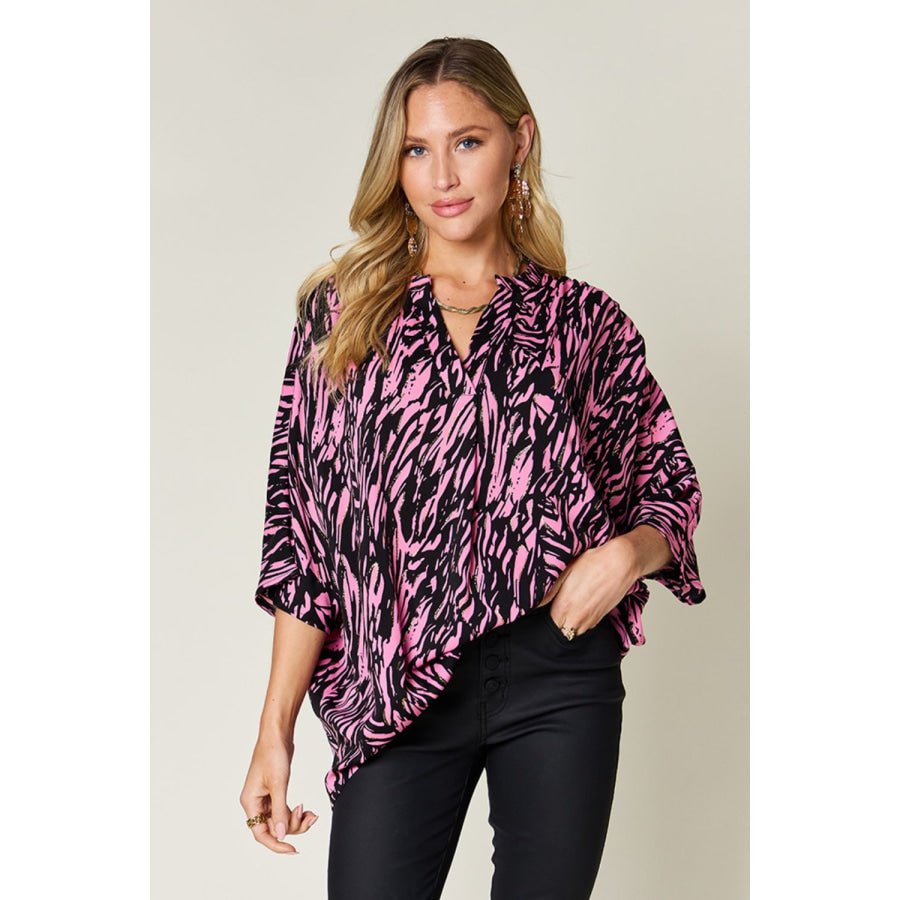 Double Take Full Size Printed Notched Three-Quarter Sleeve Blouse Pink / S Apparel and Accessories