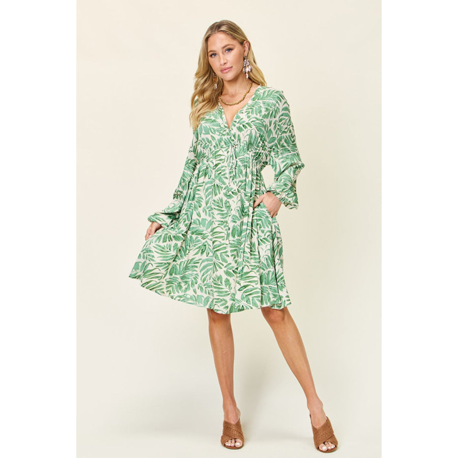 Double Take Full Size Printed Ruched Balloon Sleeve Dress Apparel and Accessories