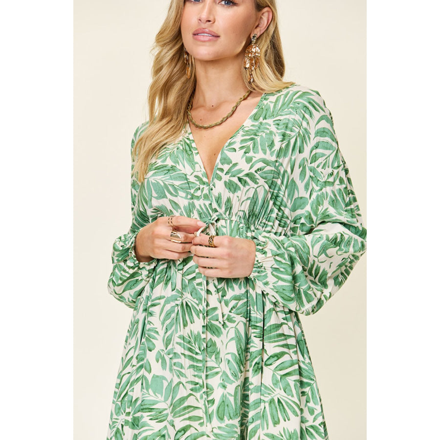 Double Take Full Size Printed Ruched Balloon Sleeve Dress Apparel and Accessories