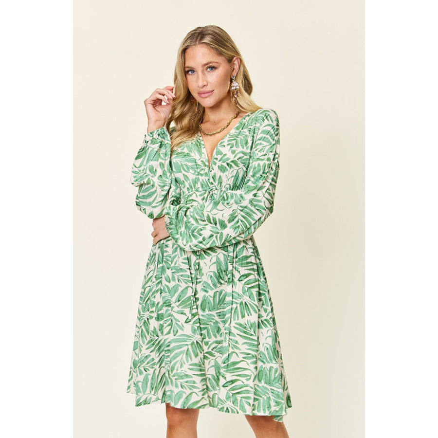 Double Take Full Size Printed Ruched Balloon Sleeve Dress Apparel and Accessories