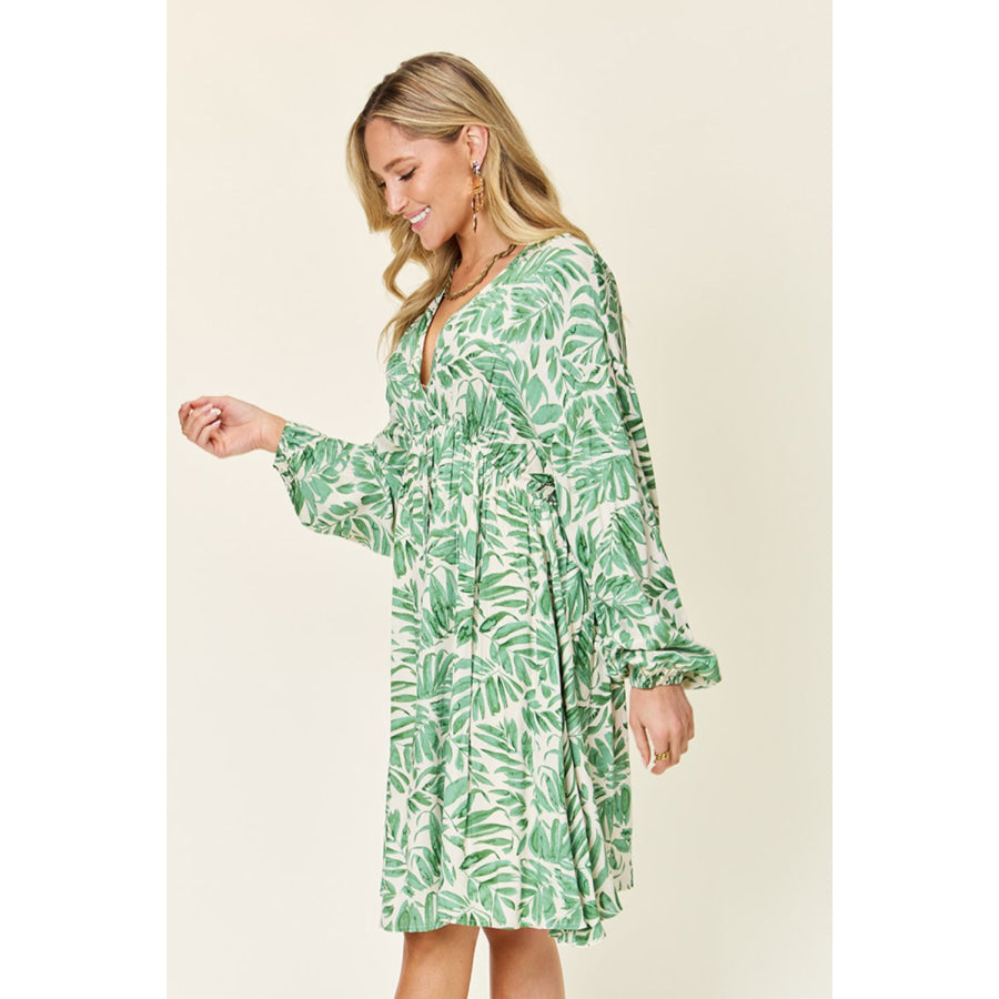 Double Take Full Size Printed Ruched Balloon Sleeve Dress Apparel and Accessories