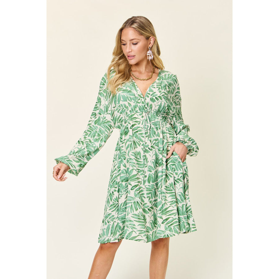 Double Take Full Size Printed Ruched Balloon Sleeve Dress Light Green / S Apparel and Accessories