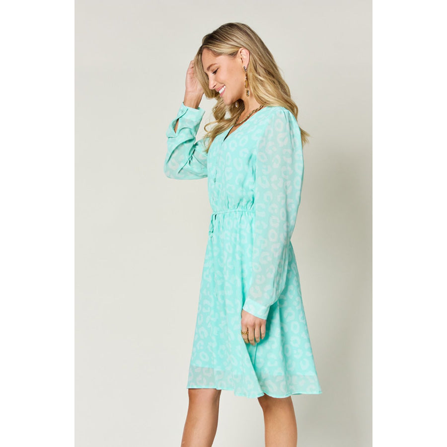 Double Take Full Size Printed Ruched V-Neck Long Sleeve Dress Apparel and Accessories