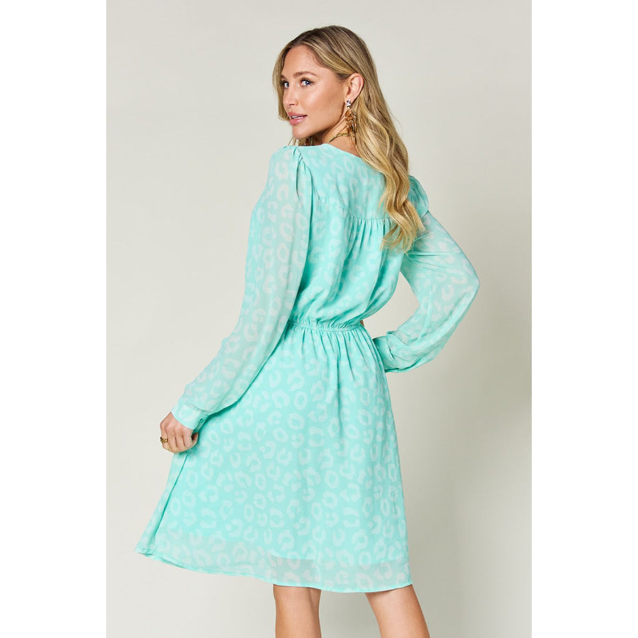 Double Take Full Size Printed Ruched V-Neck Long Sleeve Dress Apparel and Accessories