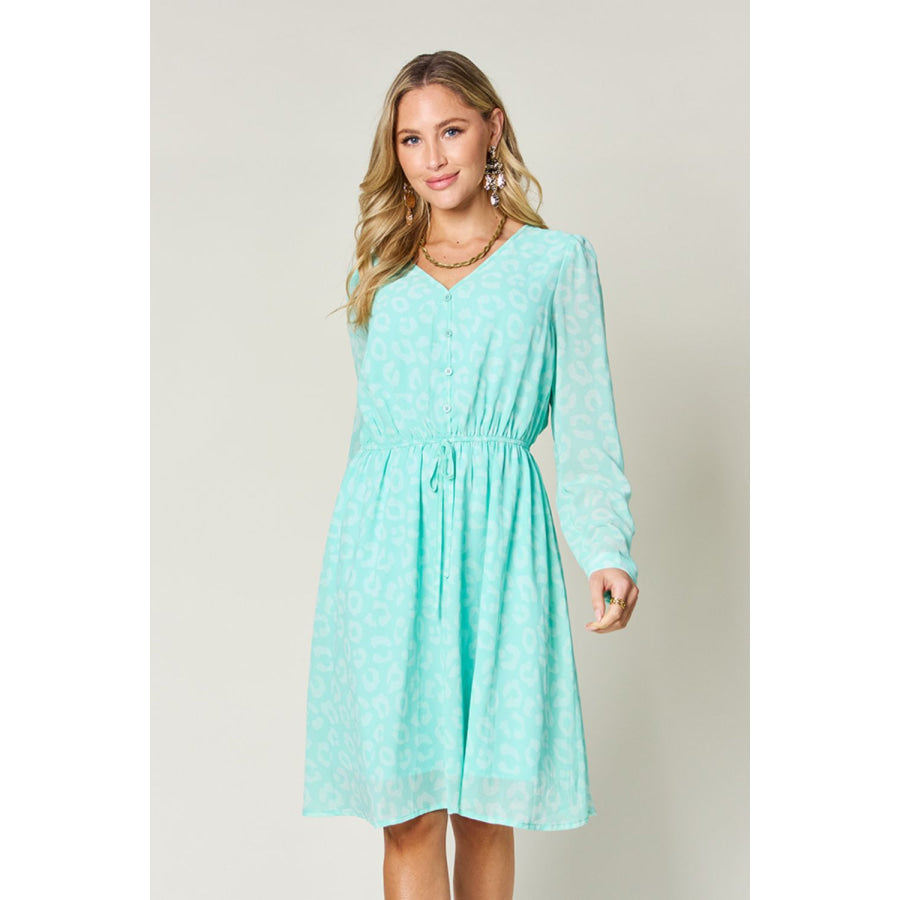 Double Take Full Size Printed Ruched V-Neck Long Sleeve Dress Light Green / S Apparel and Accessories