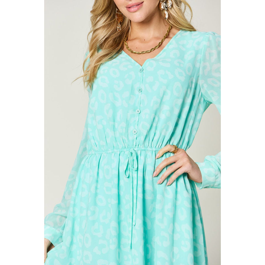 Double Take Full Size Printed Ruched V-Neck Long Sleeve Dress Apparel and Accessories