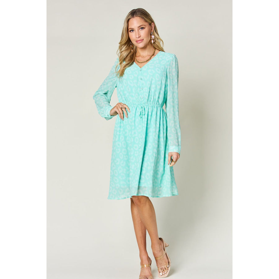 Double Take Full Size Printed Ruched V-Neck Long Sleeve Dress Apparel and Accessories